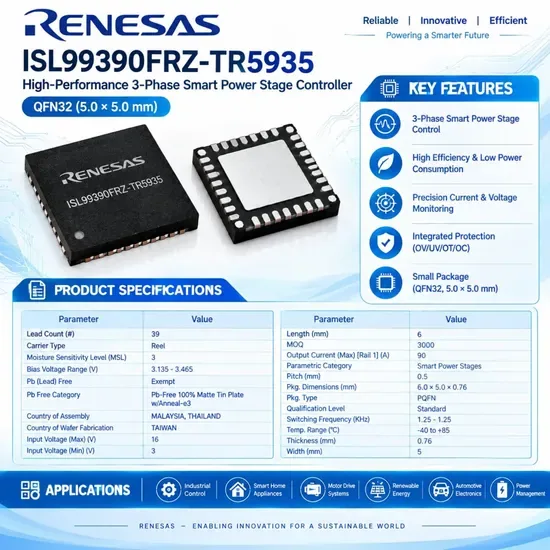 Ренесас ISL99390FRZ-TR5935 Умный силовой модуль DrMOS ИС для питания серверов ИИ GPU