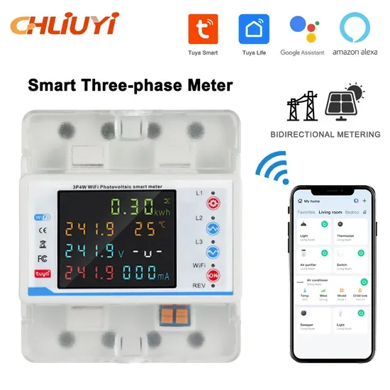 3-Phase 380V 100A Двусторонний WiFi счетчик энергии Tuya с защитой от перенапряжения