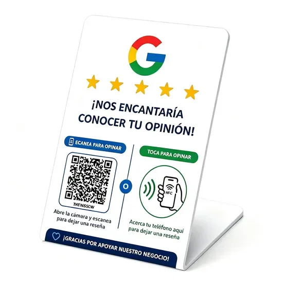 Табличка для бизнеса с NFC-картой Google Review на испанском языке, дисплеем и QR-кодом